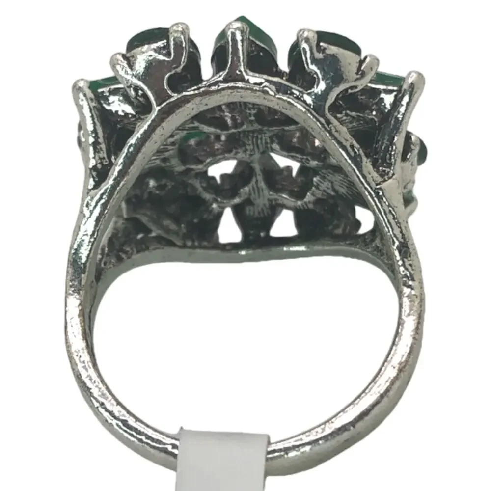 Silver and Green Flower Rhinestone Statement Ring - Size 8